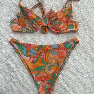 Skatie Floral Tie-Front Bikini in Orange, Pink & Teal